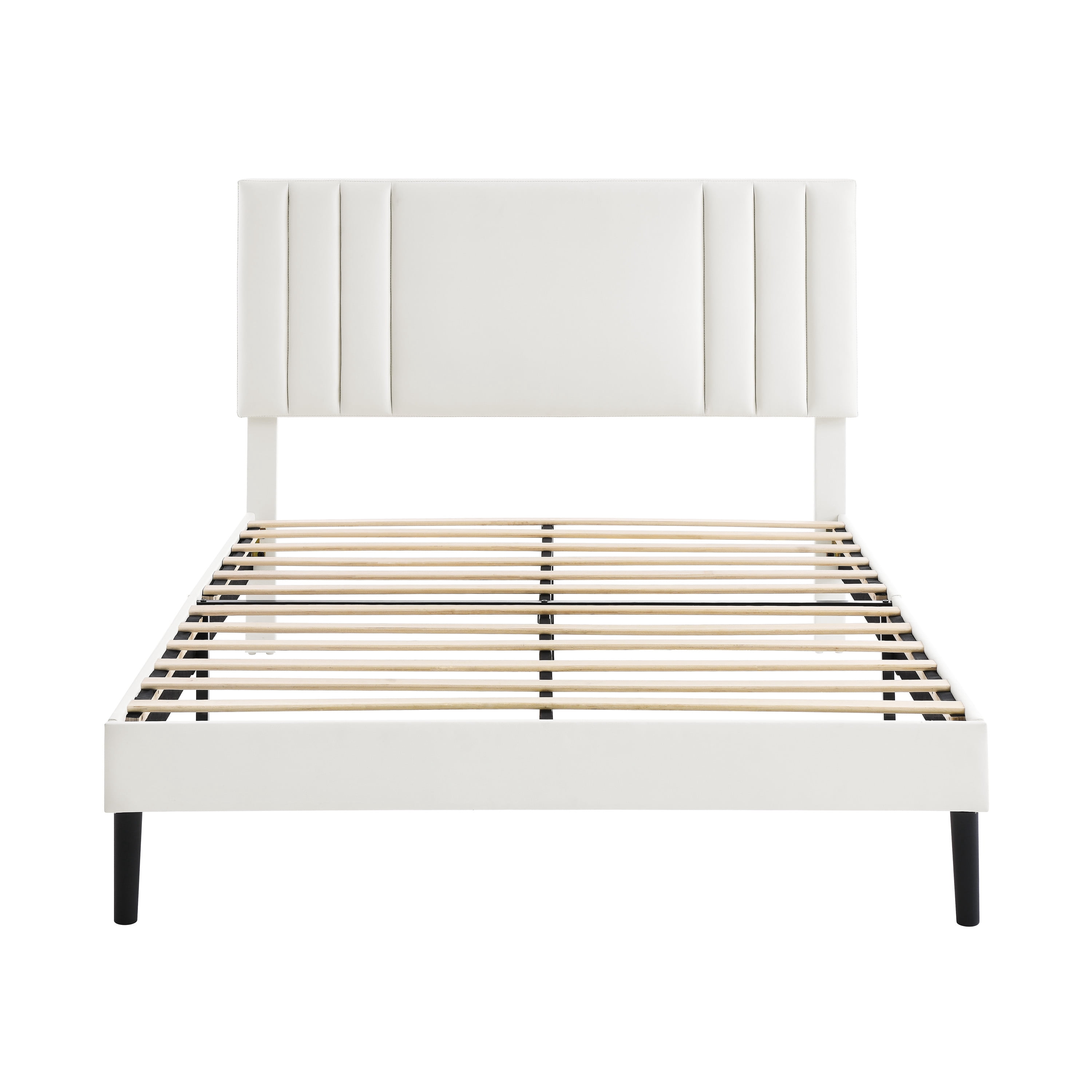 Aukfa Queen Size Bed Frame with Upholstered Adjustable Headboard, Faux Leather Platform Bed with Wood Slats Support, No Box Spring Needed, White