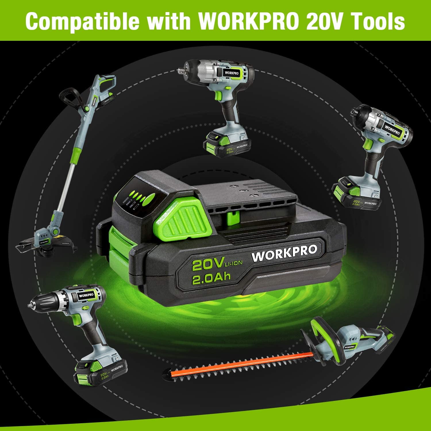 WORKPRO 20V 2.0Ah Lithium-ion Battery Pack ONLY Compatible with WORKPRO 20V Tools, Not for Other Brands