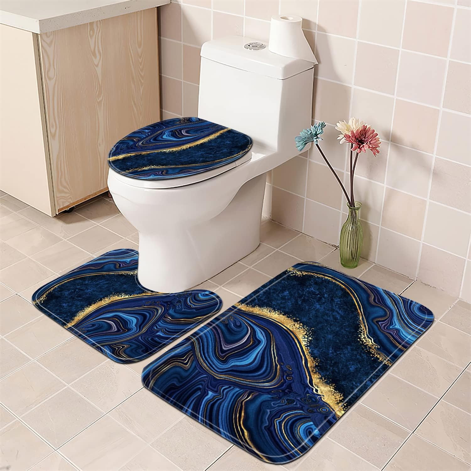 4 Pcs Black Marble Shower Curtain Sets with Rugs Gold Bathroom Sets with Shower Curtain and Rugs Modern Abstract Bathroom Decor Accessories Shower Curtains for Bathroom Toilet Lid Cover