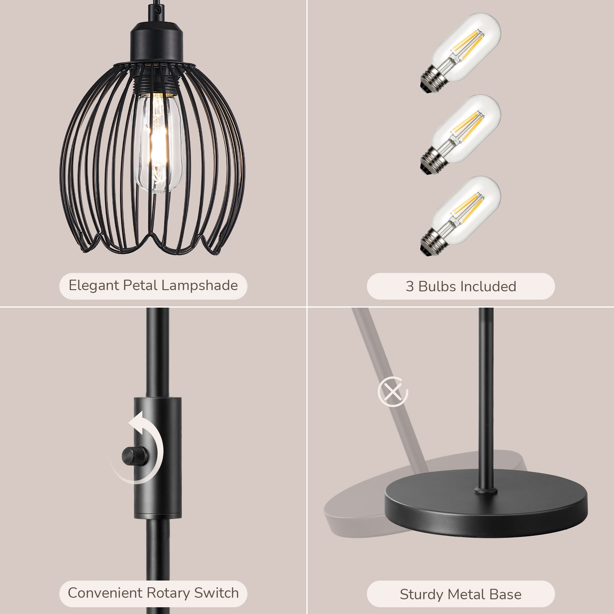 EDISHINE 69in Industrial Floor Lamps for Living Room, With 3 LED Edsion Bulbs, Black