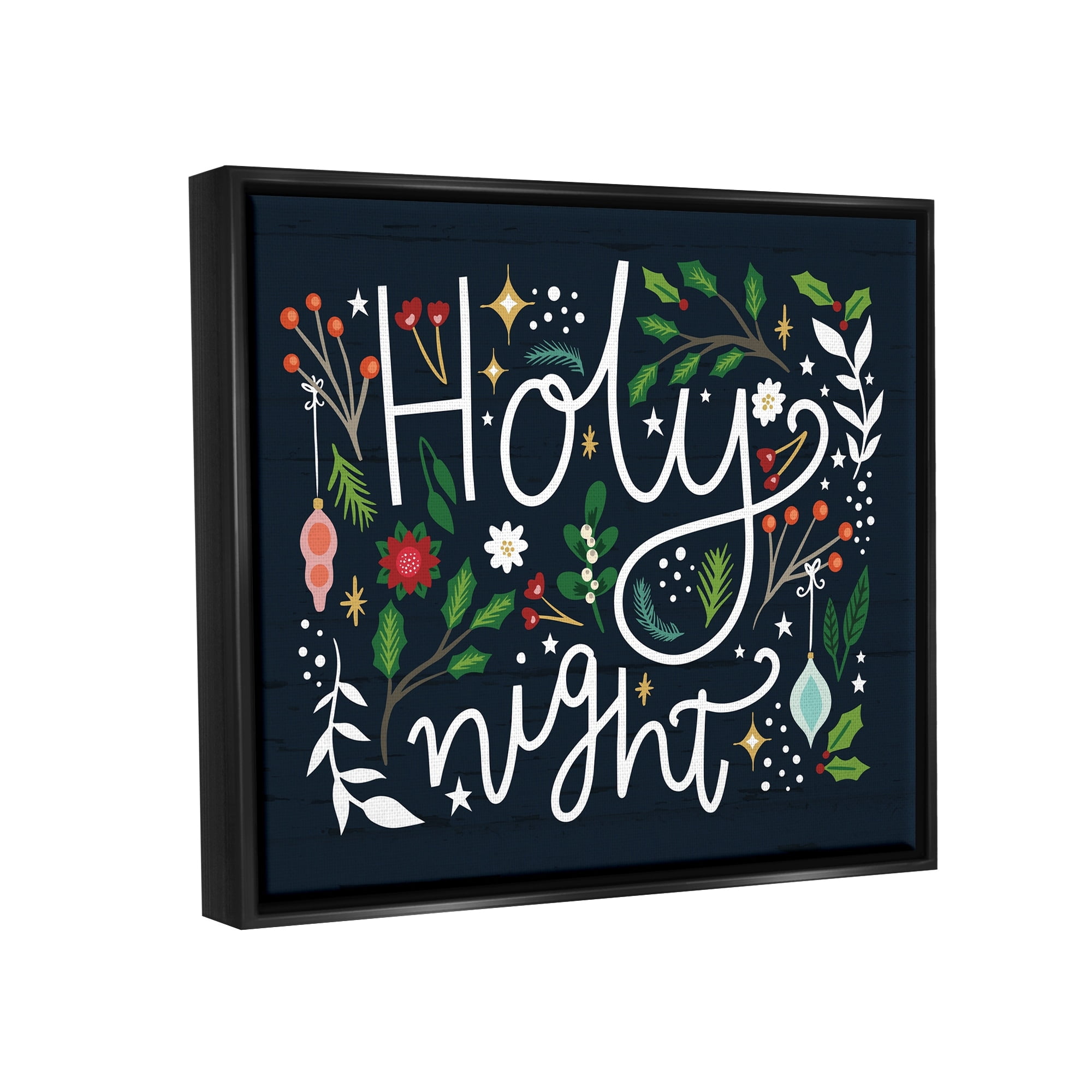 Stupell Industries Holy Night Modern Calligraphy Holiday Winter Botanicals Graphic Art Jet Black Floating Framed Canvas Print Wall Art, Design by Louise Allen