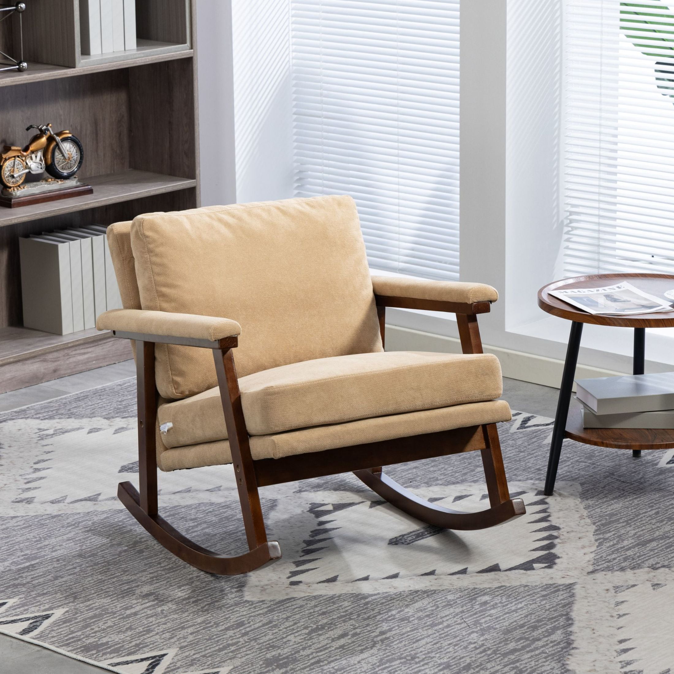 GDF Studio Enisa Mid-Century Modern Solid Wood Rocking Accent Chair, Reading Armchair for Bedroom, Living Room, Khaki