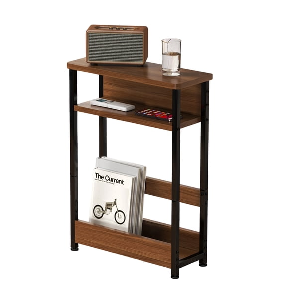 3 Tier Industrial Side Table for Small Spaces, Narrow Wood End Table with Storage Shelves, Slim Nightstand Bedside Furniture for Living Room Bedroom, Brown