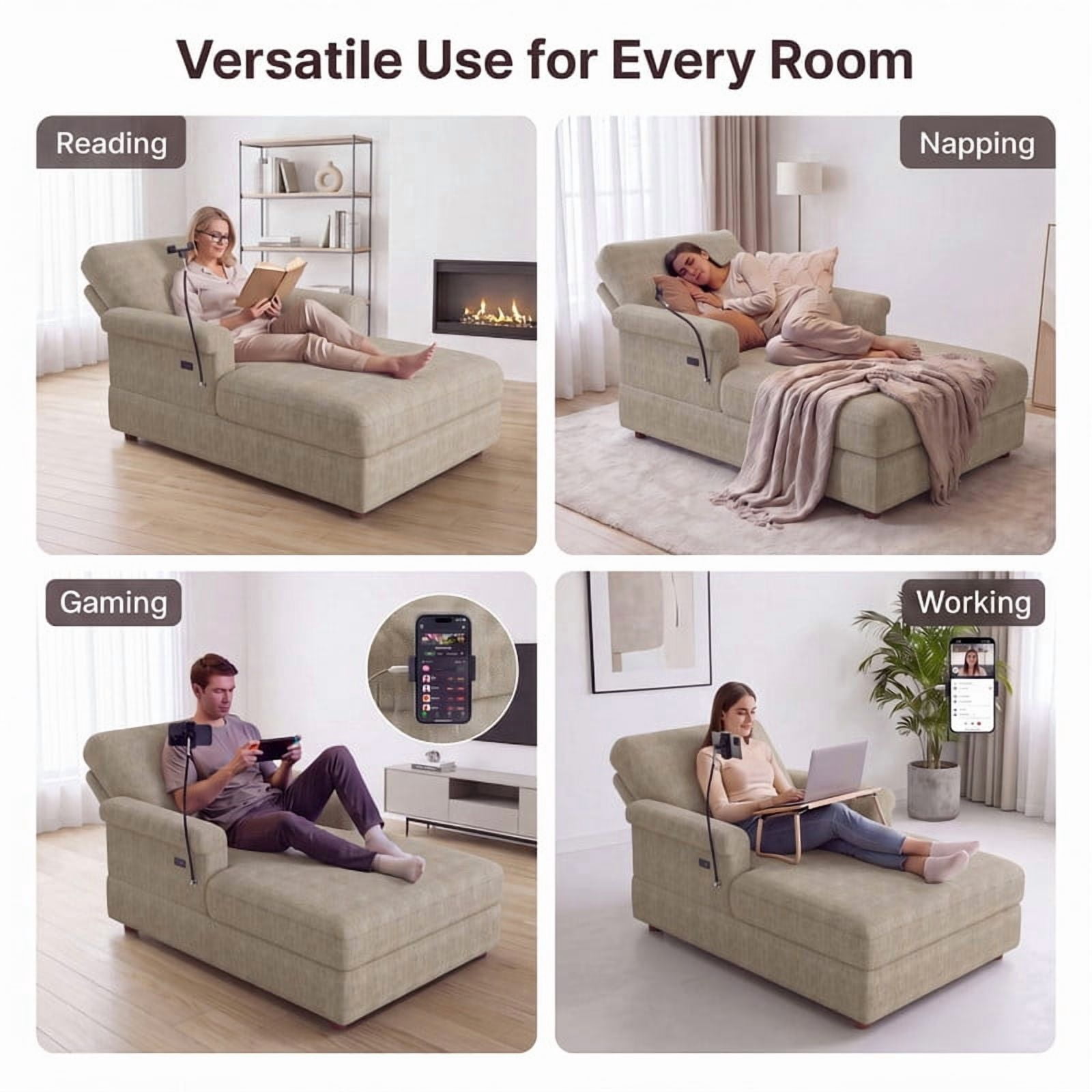 Gewnee Oversized Chaise Lounge Chair Indoor, Upholstered Sofa Bed with Phone Holder&USB Ports, Deep Seat Sofa Single Sleeper for Living Room (Little Brown)
