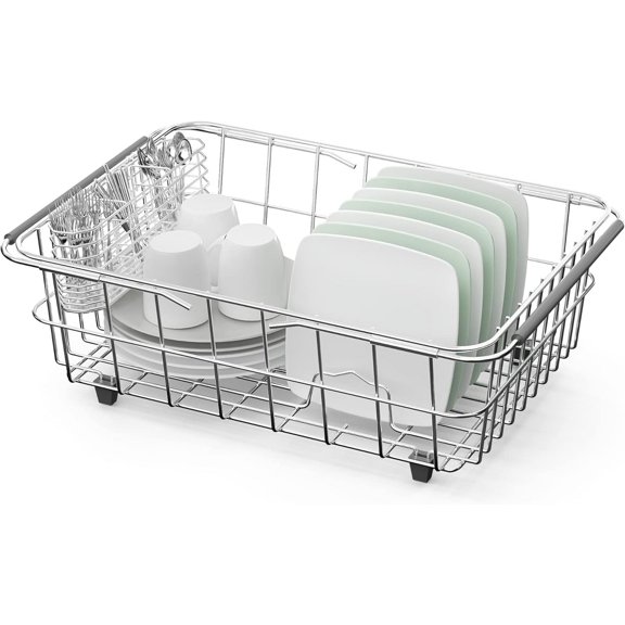 Adjustable dish drainer, expandable 304 stainless steel metal dish drying rack organizer, stainless steel dish rack above interior sink counter