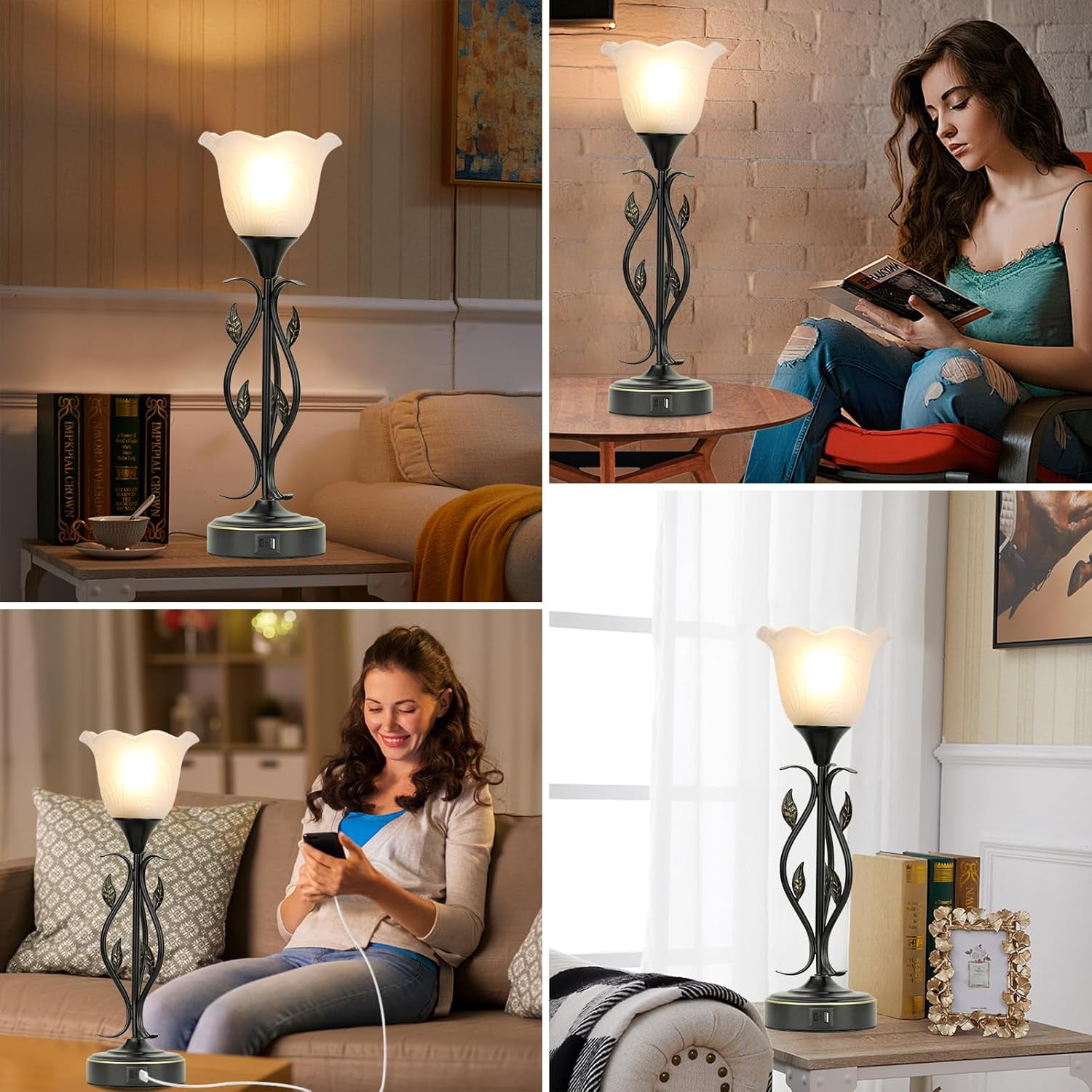 Table Lamp,Bedside Lamps Set of 2, Table Lamp with USB Port 3 Way Dimmable Touch lamp Torchiere Nightstand Lamps with Rustic Vines Leaf and Glass Flower Shade lamp for Bedroom, Living Room, Office