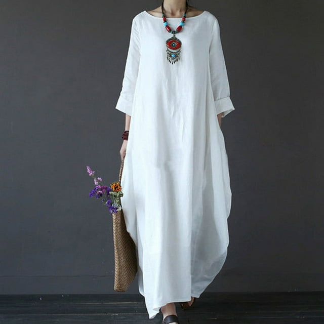 Meichang Robes pour Femmes Grande Taille Coupe Ample Décontractées d'Été en Coton et Lin Robes Maxi Manches Longues Col Ras du Cou Robes Chemises Unies Légères Confortables Longues Robes Blanc TG