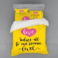thumbnail image 1 of Saying Duvet Cover Set, Love Reduces All to Common Level Saying with a Romantic Pink Heart, Bedding Set with Shams and Fitted Sheet, 3 Sizes, by Ambesonne, 1 of 3