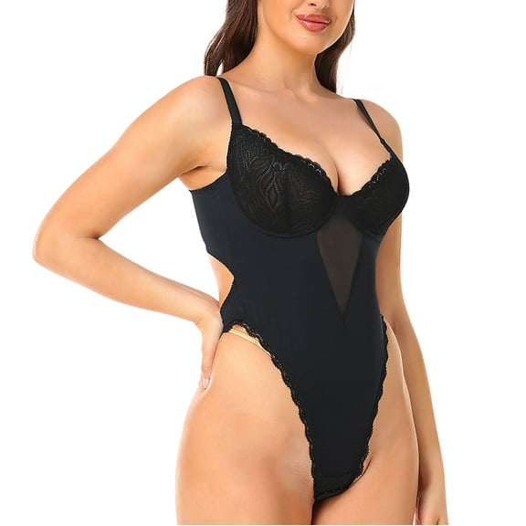 Ndbuld Shapewear for Women Women's Lace Gathered Perspective Bodysuit V Backless Evening Dress Shaping Dress ,S-4XL,Black,L