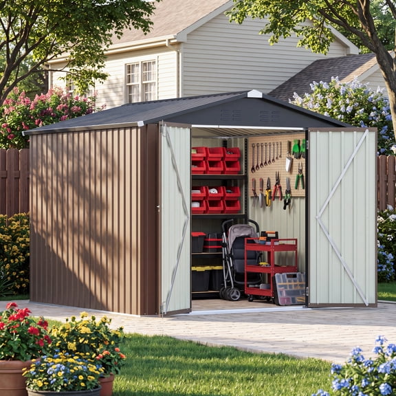 8x8 FT Outdoor Metal Storage Shed, Brown | Lockable Doors and Upgraded Frame,Garden Sheds with Sloped Roof for Backyard, Patio, Garage, Lawn