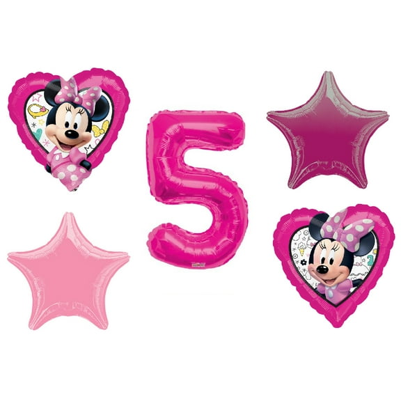 Minnie Mouse Happy Helpers Heart Shaped 5th Birthday Party 5 Piece Mylar Balloons