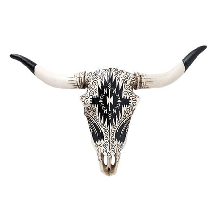 Faux Bull Skull Wall Decor with Tribal Pattern – Rustic Western Steer or Bison Skull Sculpture – Southwestern Boho Farmhouse Resin Wall Art for Home, Cabin, Lodge, Office, or Living Room