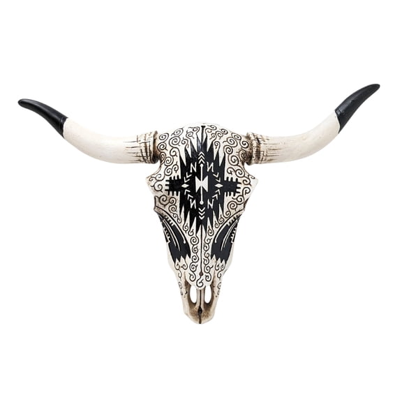 Faux Bull Skull Wall Decor with Tribal Pattern – Rustic Western Steer or Bison Skull Sculpture – Southwestern Boho Farmhouse Resin Wall Art for Home, Cabin, Lodge, Office, or Living Room