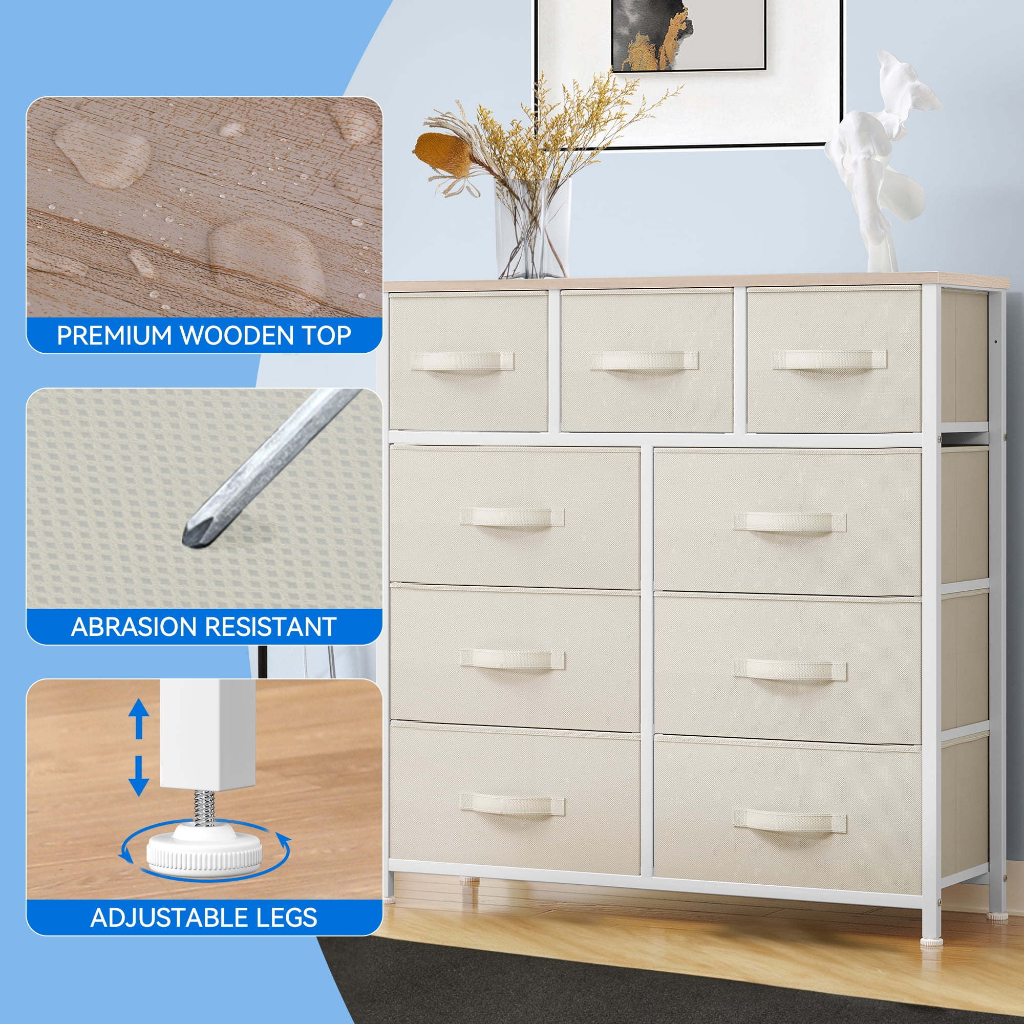 Uforic 9-Drawer Storage Dresser with Metal Frame & Wooden Top for and Living Room for Adults, White