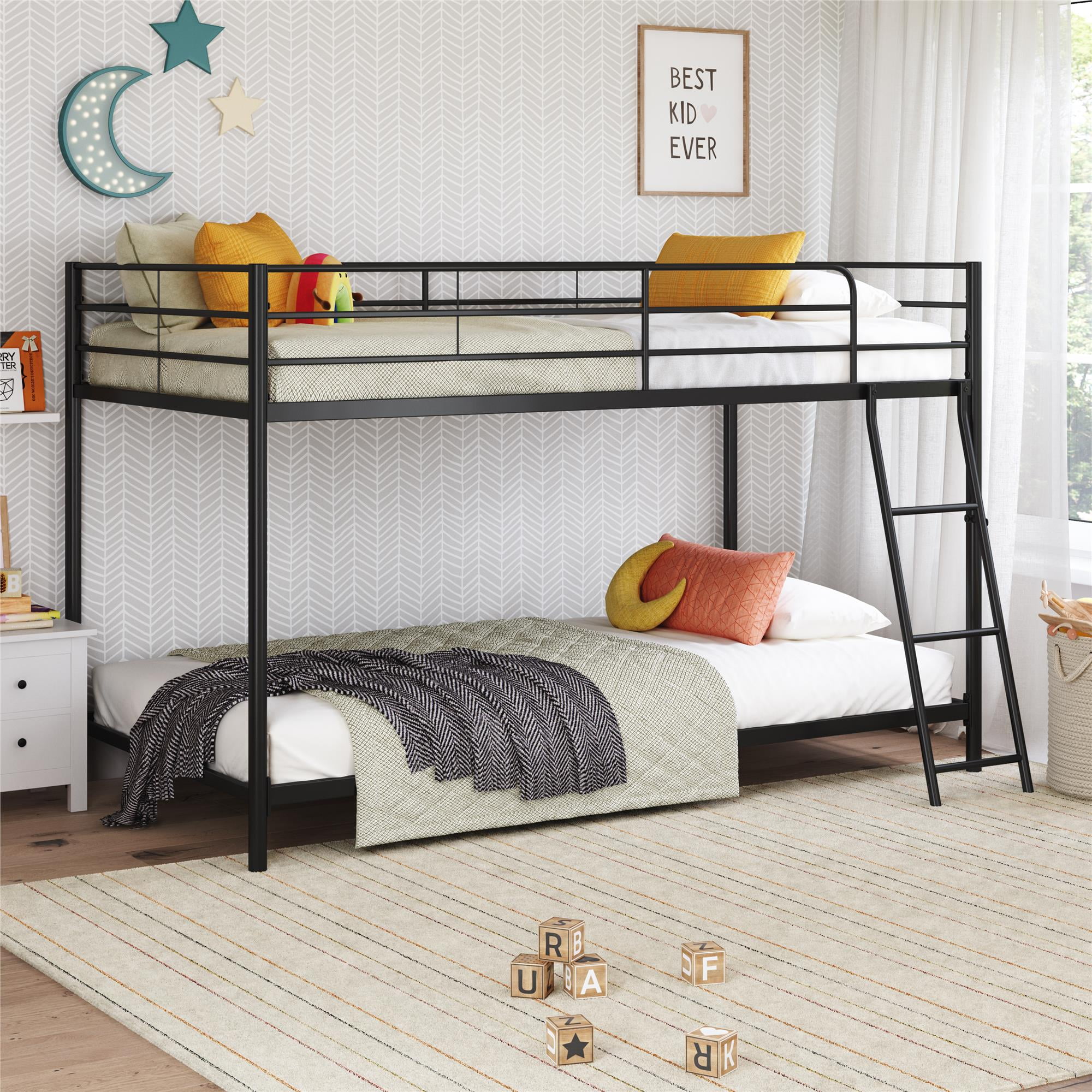 Mainstays Small Spaces Twin-over-Twin Low Profile Junior Bunk Bed, Black