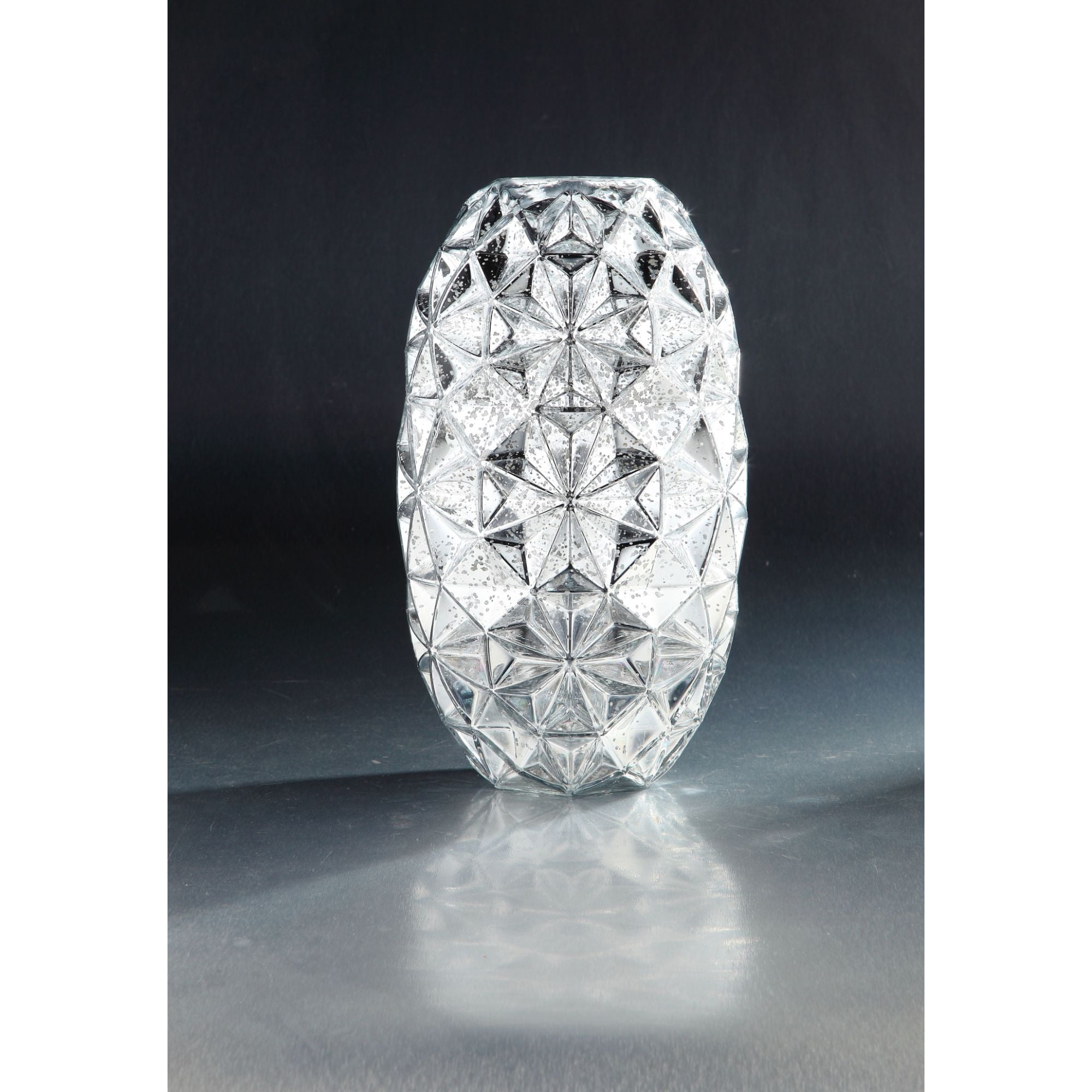 13.5" Silver Colored Geometric Pattern Oval Shape Glass Candle Holder