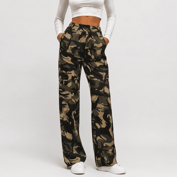 Mrat Women's High Waisted Cargo Pants Camouflage Travel Streetwear Baggy Straight Pants with 4 Pockets Camouflage Cargo Pants S