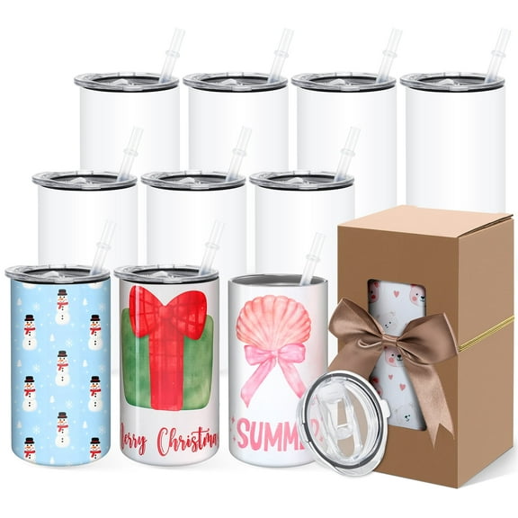 Adnoom 10 Pack Sublimation Tumblers, 12oz Sublimation Tumbler Blanks w/ Straight Tube Design, Dual-Walled Stainless Steel Tumbler for Heat Transfer DIY Gifts