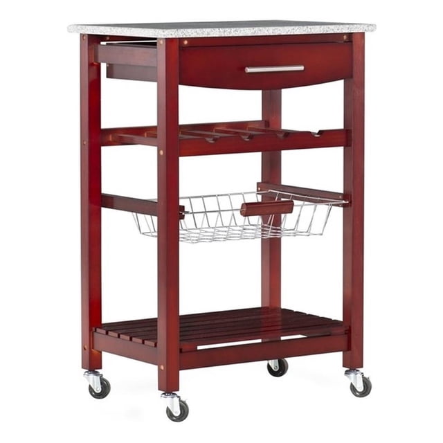 Linon Natalie Chariot de Rangement de Cuisine en Bois Brun Wengé avec Dessus en Granit et Rouleau