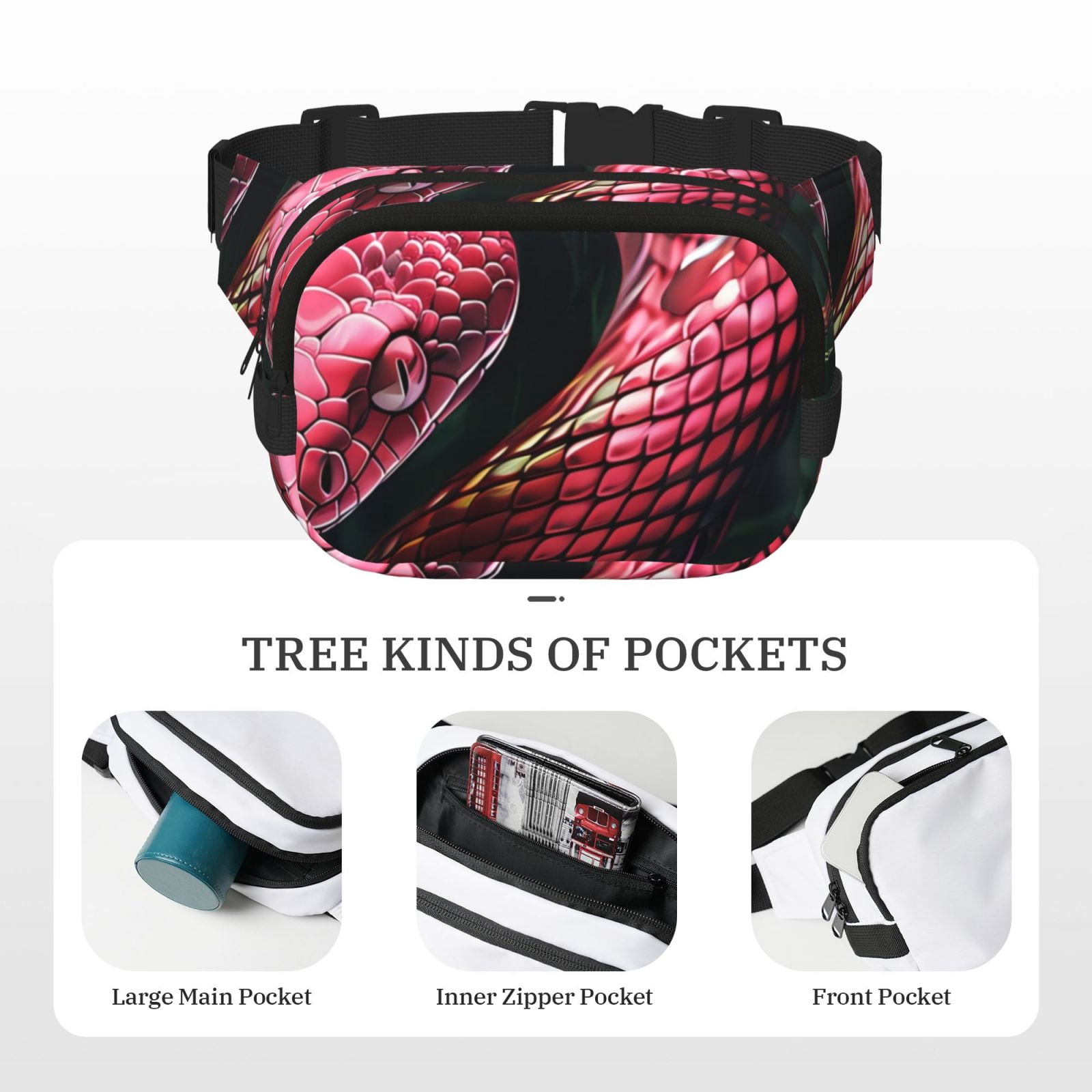 Picia Red Viper Jungle Intensity Print Square Double-Layer Waist Bag Mini Adjustable Waist Belt Bag Exercise Running Travel Hiking