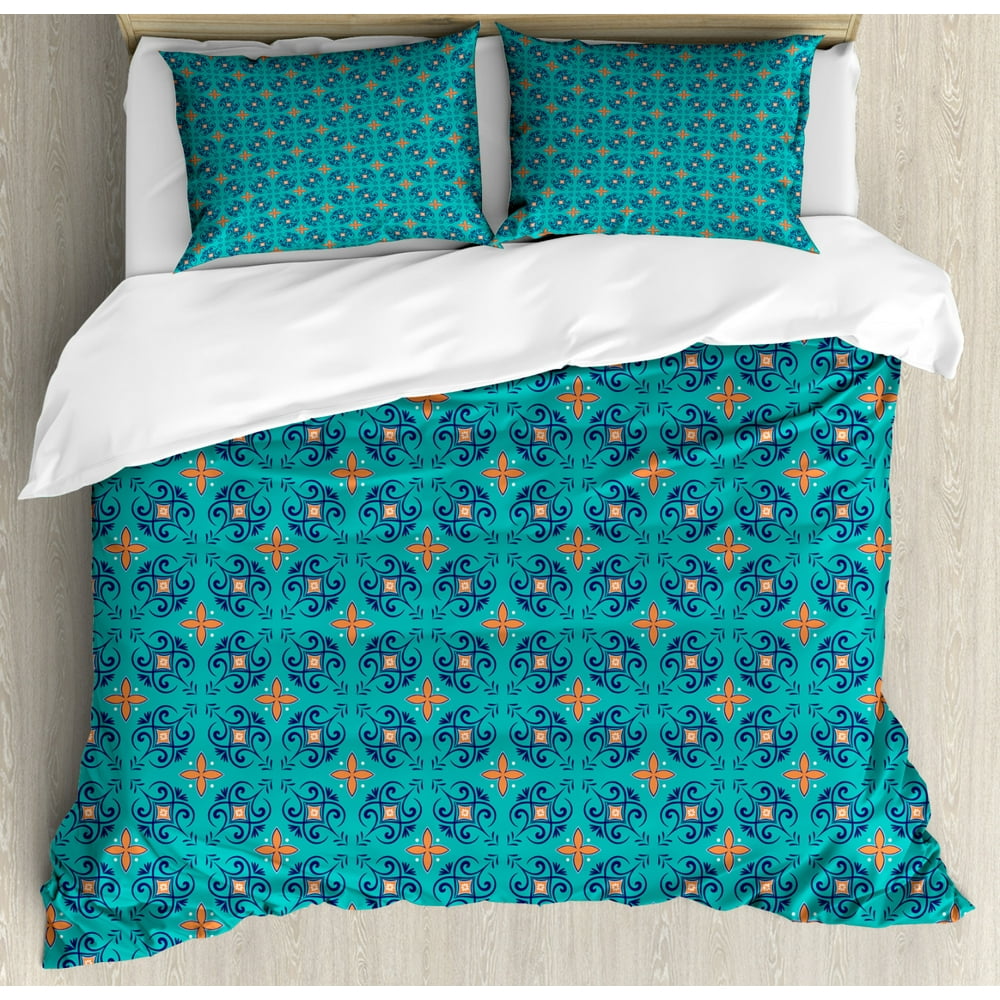 Orange and Turquoise Duvet Cover Set Queen Size, Floral Motifs with