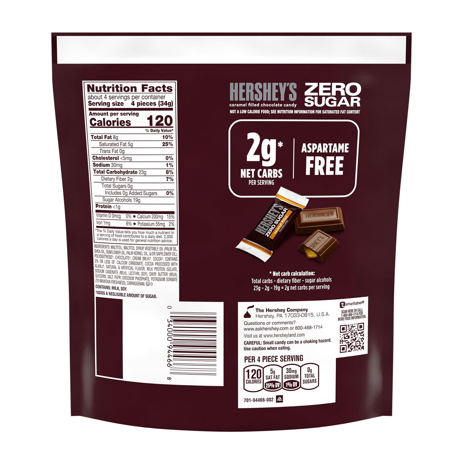 (3 pack) Hershey's Zero Sugar Caramel Filled Chocolate Candy, Bag 5.1 oz