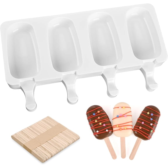 2 Pack Mini Popsicle Silicone Molds, 4 Cavities Oval Ice Pop Molds with 50 Wooden Sticks for Homemade Ice Cream, Cakesicles, Cake Pop (White)