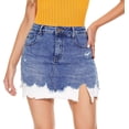 thumbnail image 1 of Falda de mezclilla pantalones cortos de mujer jeans borde crudo deshilachado agujero elástico cintura media minifalda casual 206-azul 6, 1 of 5