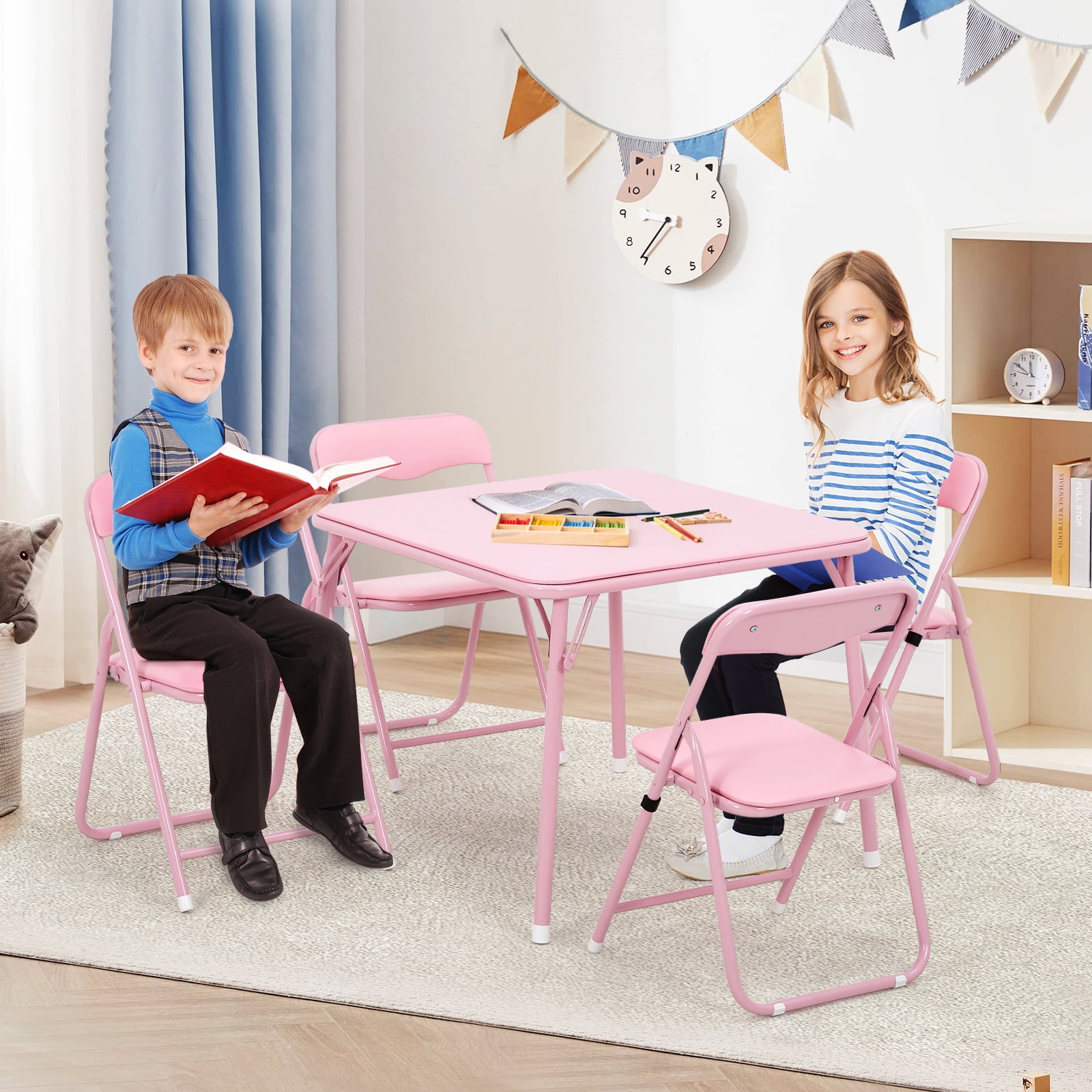 5-Piece Folding Table and Chairs Set - Upholstered Portable Kids Activity Set with Metal Frame, for Eating, Reading & Play, Pink