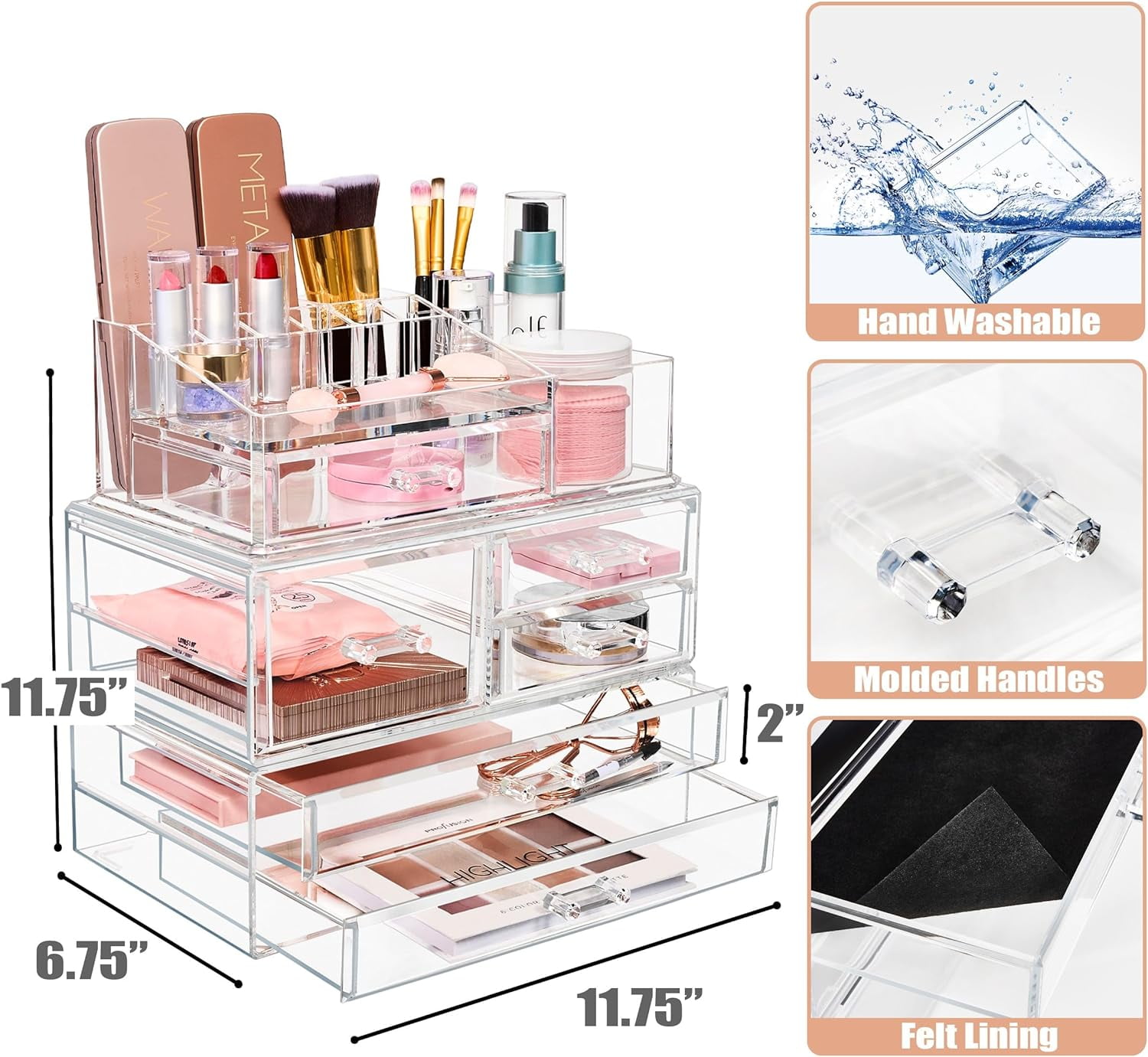 Sorbus Clear Extra Large Acrylic Makeup Organizer Set, 6 Drawers, 15 Slots, 3-Piece Stackable