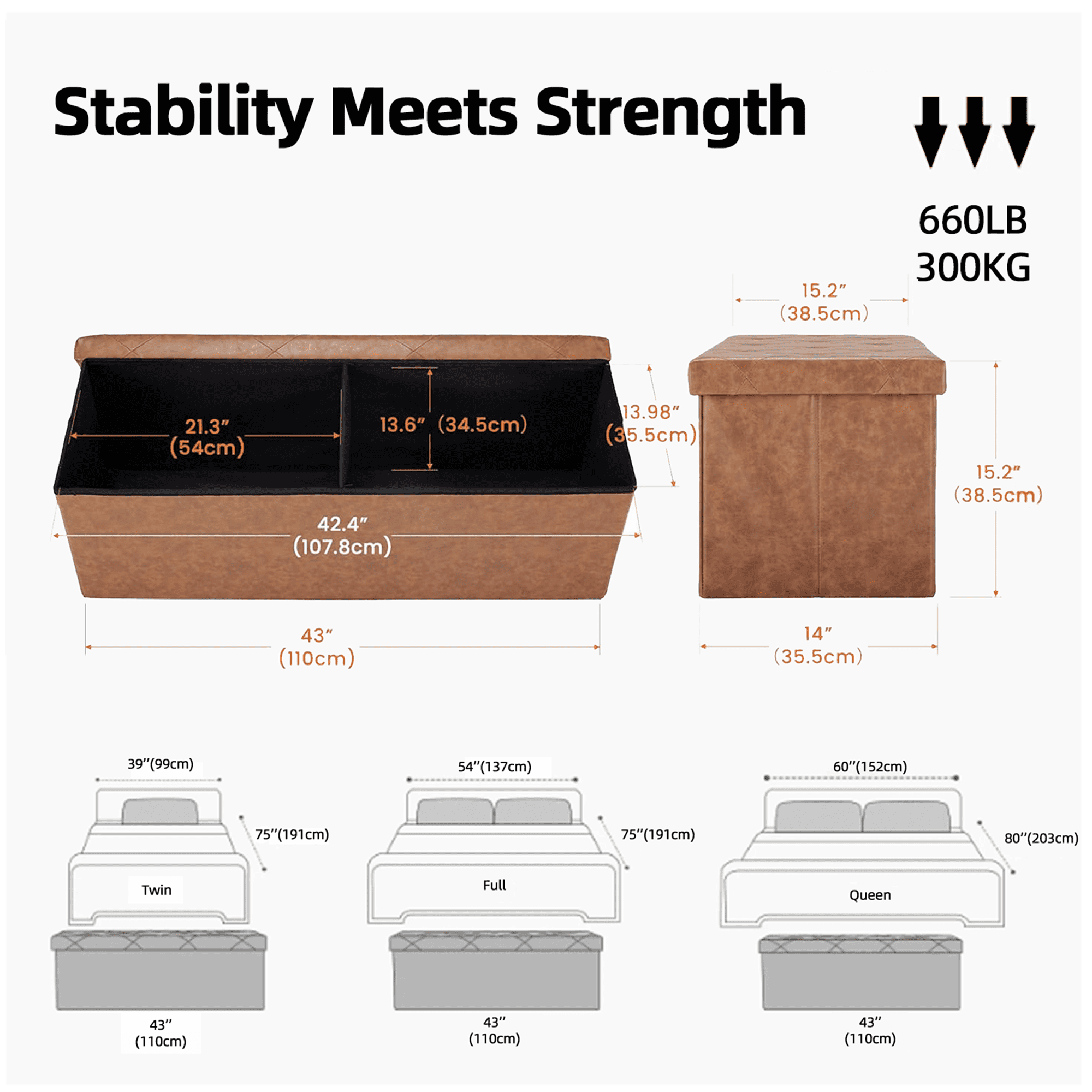 CONCETTA 43" Storage Ottoman – Foldable Faux Leather Stool with Storage, 660 lb Capacity, for Bedroom, Living Room, Entryway, Brown