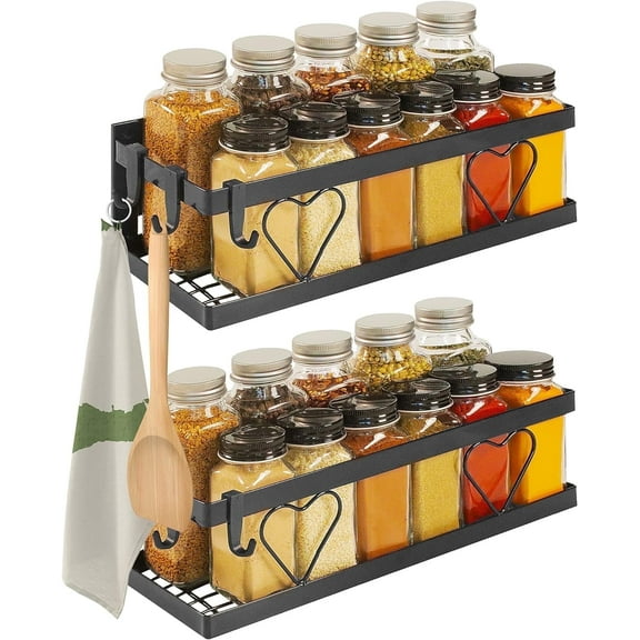 ThreadNanny Magnetic Spice Rack, Large Black (2-pack) - Magnetic Shelf for Spice Storage, Storage Rack for Refrigerator, Oven, Etc., Premium Fridge Organizer - Kitchen Organizer with Free Hooks