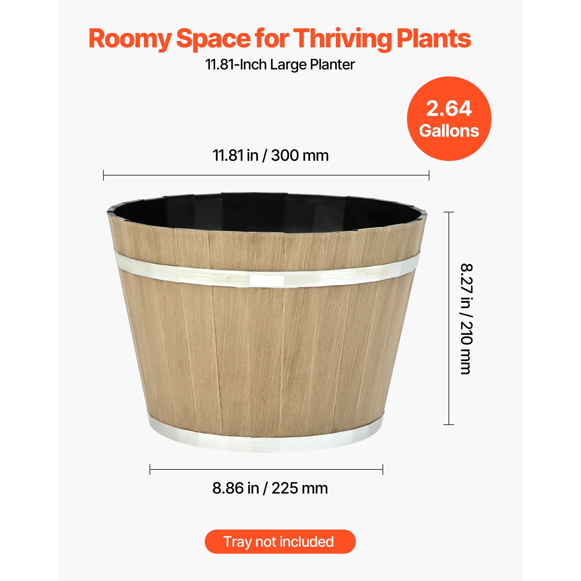 KFFKFF Set of 4 Large 11.81-inch Whiskey Barrel-Style Planters with Drainage Holes, Durable Plastic Flower Pots for Indoor and Outdoor Use, Rustic Brown Design for Gardens, Homes, and Plants