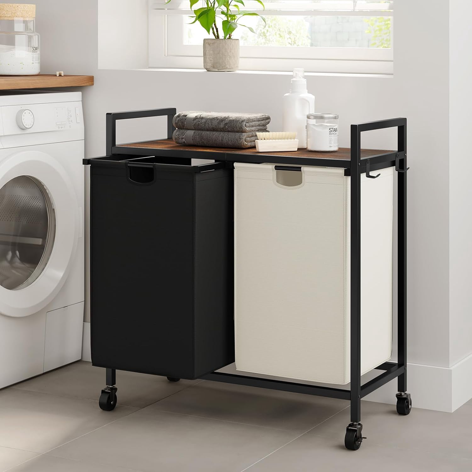 Double Laundry Hamper with Lid,Rolling Laundry Basket Organizer with Wheels, Iron-Made Laundry Sorter with Top Shelf and 2 Removable Bags,Large Clothes Storage for Room,Black and Beige
