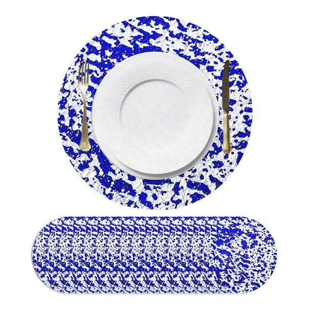 16Pcs Manteles Redondos Desechables Azules, 13" Decoraciones de Mesa con Brillos Metálicos
