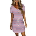 thumbnail image 2 of Sakmal Midi Sundresses for Women Pink Vacation Dress T Shirt Scoop Neck Striped Short Sleeve Dresses with Pockets, 2 of 5