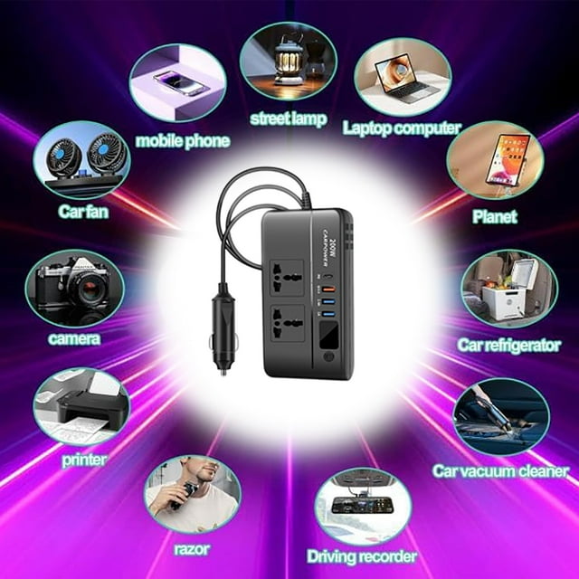 Xuewenshw 200W Car Power Device. Transforms 12V To 110V/220V AC. Has PD 18W USB C Two USB Ports QC3.0 Quick Charging LED Indicator And Car Socket Attachment. Comes In Black. Fanttik Screwdriver