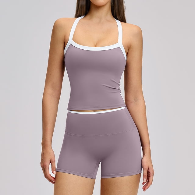 AEXTO Two Piece Color Block Womens Workout Sets Cross Back Tank Top Matching High Waist Leggings Shorts Sets Gym Outfits Activewear