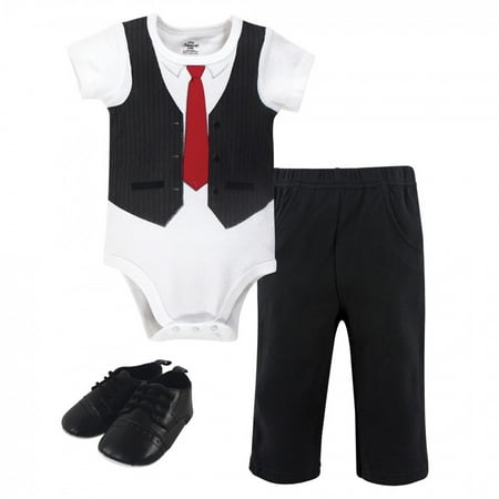 

Little Treasure Baby Boy Cotton Bodysuit Pant and Shoe 3pc Set Black Red Vest 6-9 Months