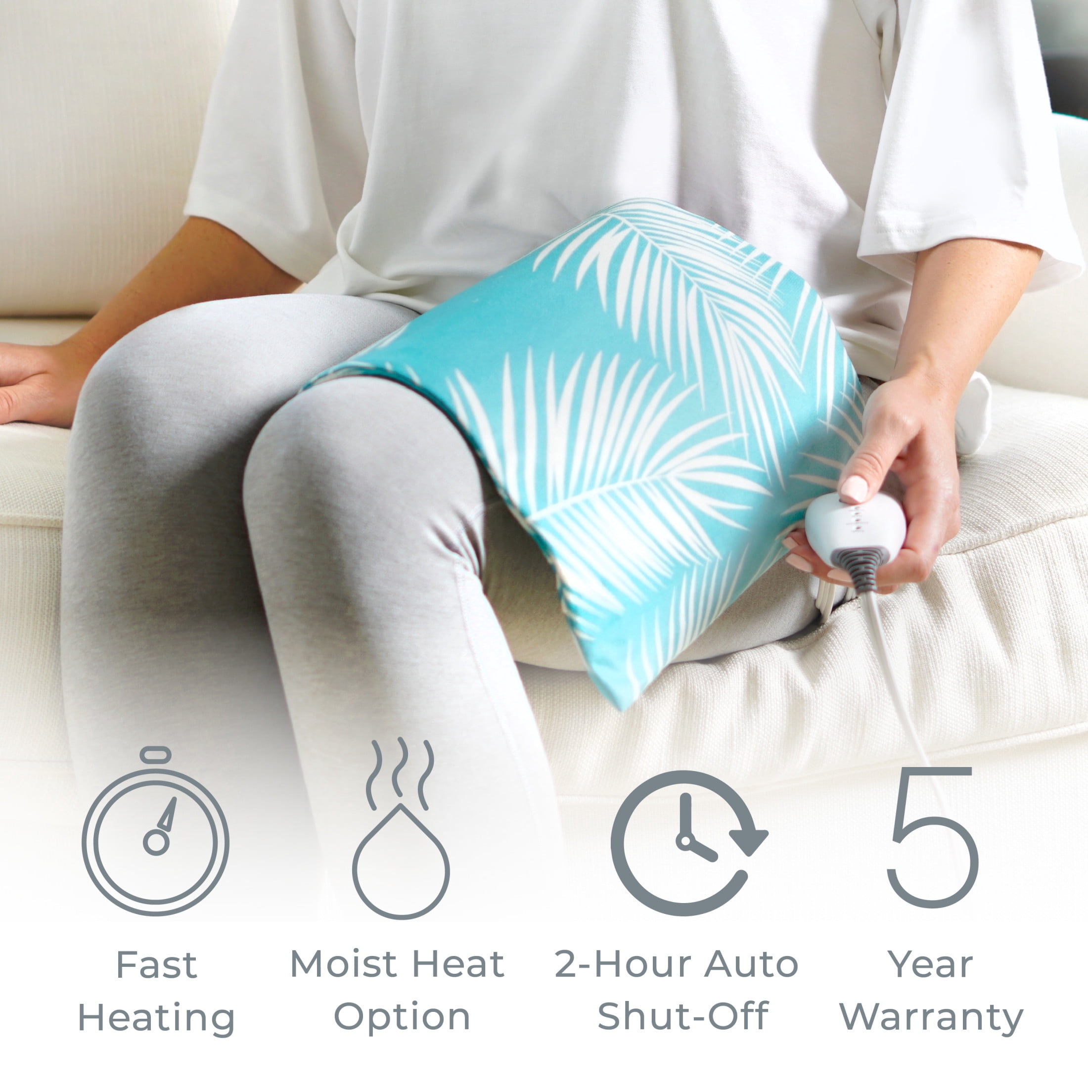 Pure Enrichment PureRelief Express Designer Series Electric Heating Pad - 12” x 15” Fast-Heating with 4 Heat Settings, Machine-Washable Fabric, & 2-Hour Auto Safety Shut-Off - Palm Aqua