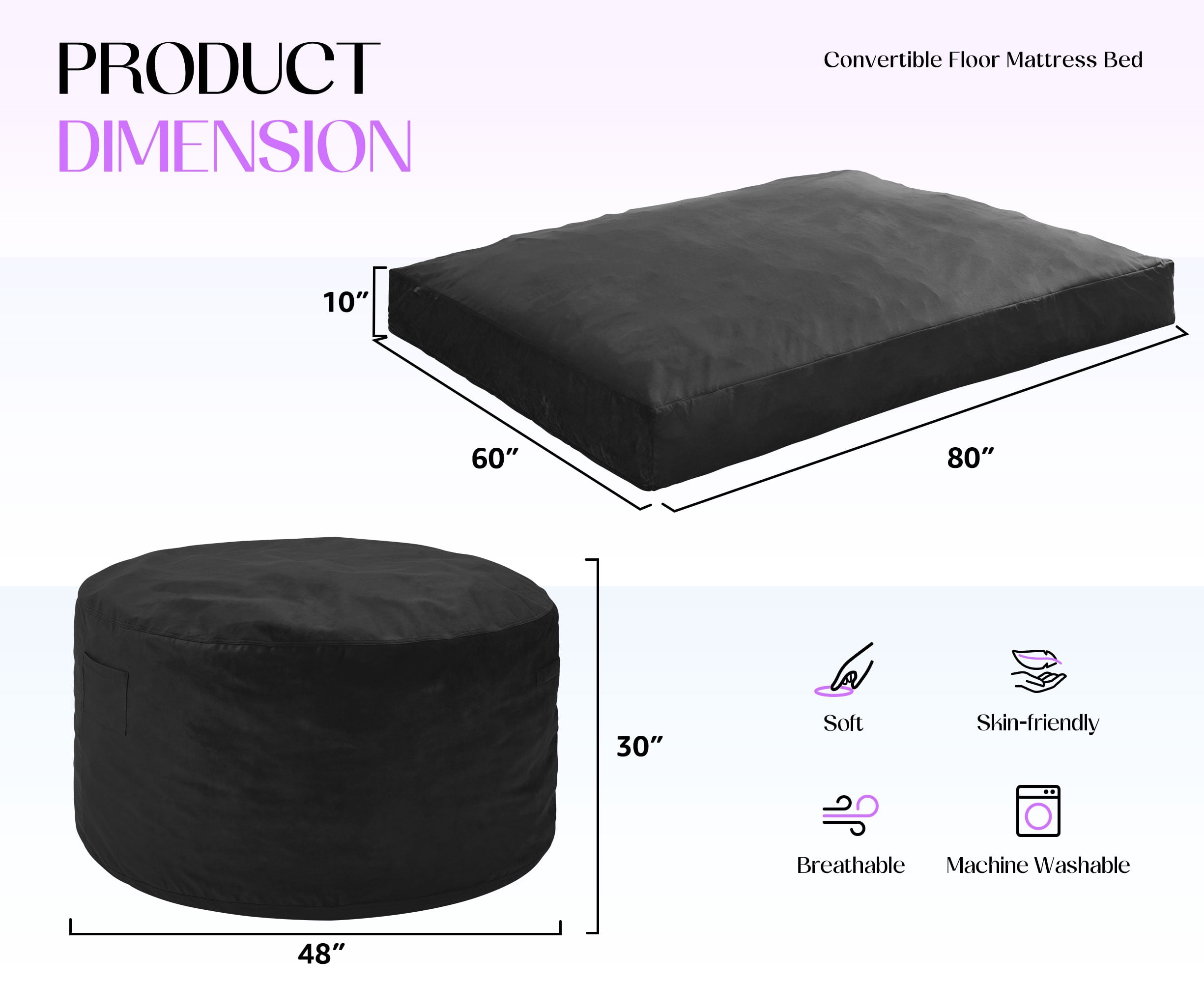 Hobestluk Bean Bag Chair 3 in 1 Beanbag Chairs for Adults, Large Bean Bags with Removable Velvet Cover, Convertible Adult Bean Bag Chair for Living Room, Bedroom, Playroom (Black, Queen)