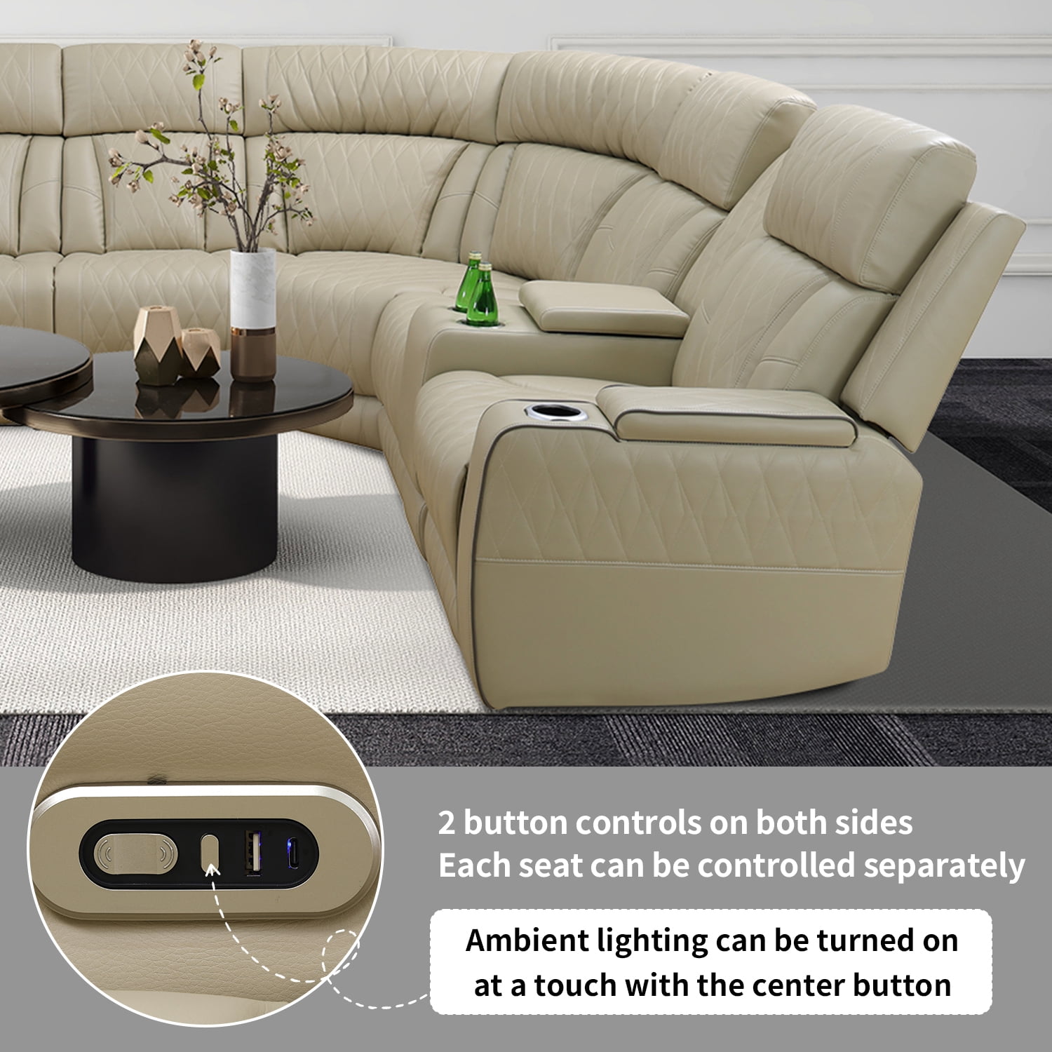 Recliner Sofa Sectional Couches with LED Light for Living Room,Leather Reclining Corner Sectional Sofa with 2 Recliner Seats,Cup Holder,Storage Console for House/Home Theater, Beige