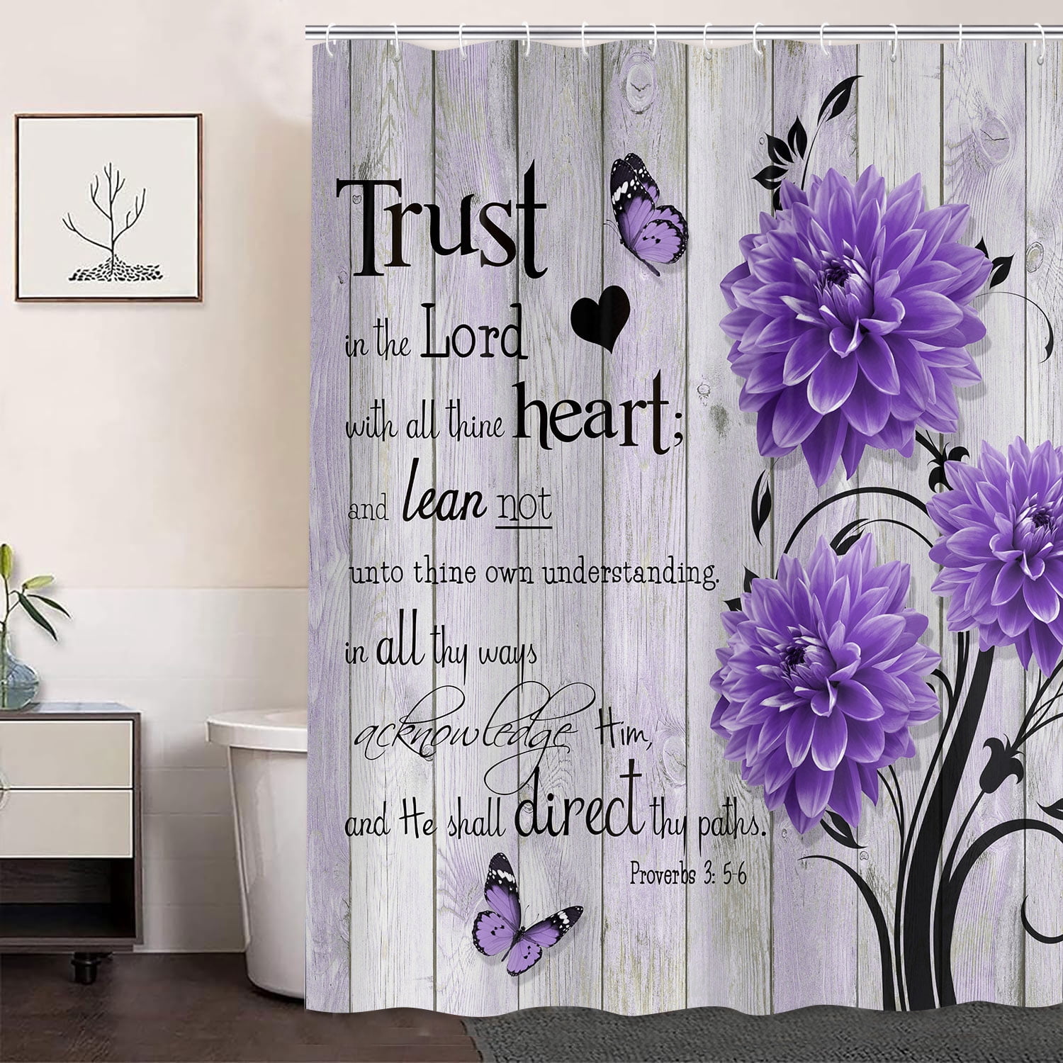 Farmhouse Flower Butterfly Bathroom Curtain, Rustic Purple Floral Dahlia Wooden Shower Curtain, Inspirational Quote Bath Curtain, Washable Fabric Shower Curtain Set with Hooks 47X64in