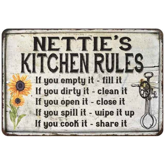 Nettie's Kitchen Rules Chic Sign Vintage Decor 8 x 12 High Gloss Metal 208120032498