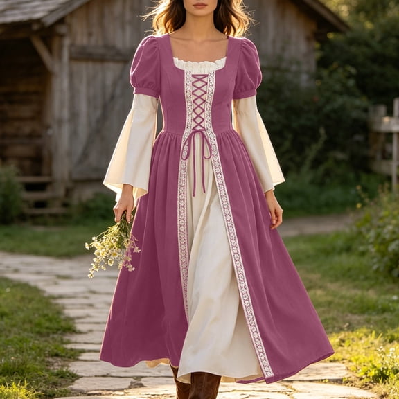BRGZLK Medieval Renaissance Dress for Women 2026 Trendy Color Block Square Neck Lace Up Goth Costumes Dresses for Ren Fair Halloween Cosplay Pink 2XL