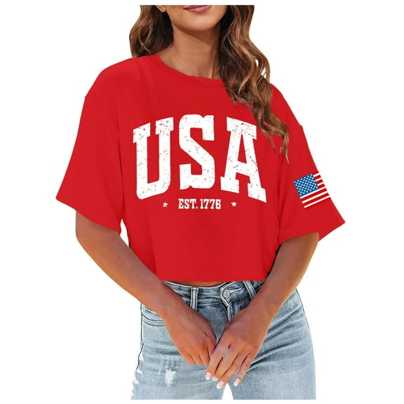 Fsqjgq Graphic Tees for Women Womens Summer Tops T-Shirt Women's Independence Day Print Crop Tops Oversized T Shirts Short Sleeve Crewneck Tops Patriotic 4th of July Basic Tee Shirts Plus Size T SM