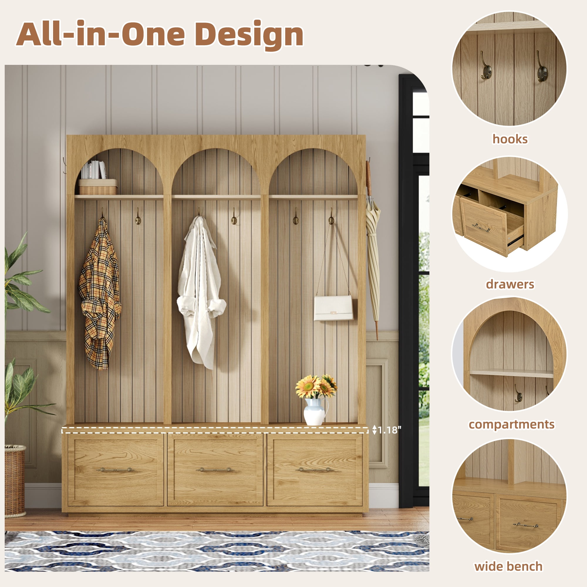 T-Foyer Farmhouse Natural Hall Tree with 8 Hooks & Arched Design, Wooden Rustic Entryway Organizer with Open Storage & 3 Drawers