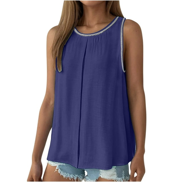 Timegard Camisoles pour Femmes Col Rond Froncé Sans Manches Fluide Été Décontracté Ample Hauts Tenue de Plage