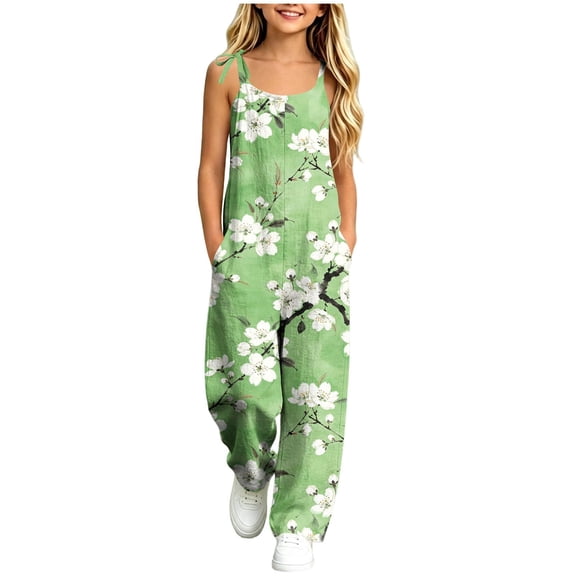 dazeni Girls Summer Boho Jumpsuit Sleeveless Jumpsuits Rompers for Girls Adjustable Strap Wide Leg Pants Romper with Pockets Green 5-6 Years