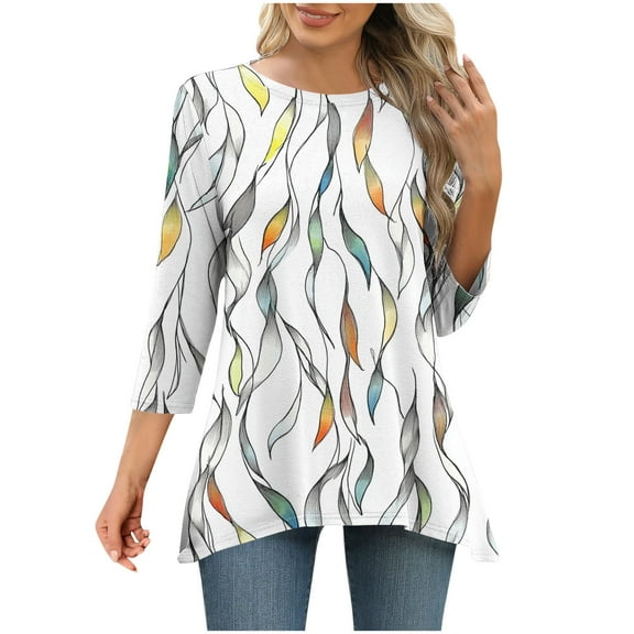 CYMMPU Loose Fit Tunic Tops Boho Blouses for Women Dressy Casual Spring Tops Summer Trendy Shirts Flower Pattern Crew Neck 3/4 Sleeve Flare Hem Hide Belly Tops to Wear with Leggings T-Shirts White M